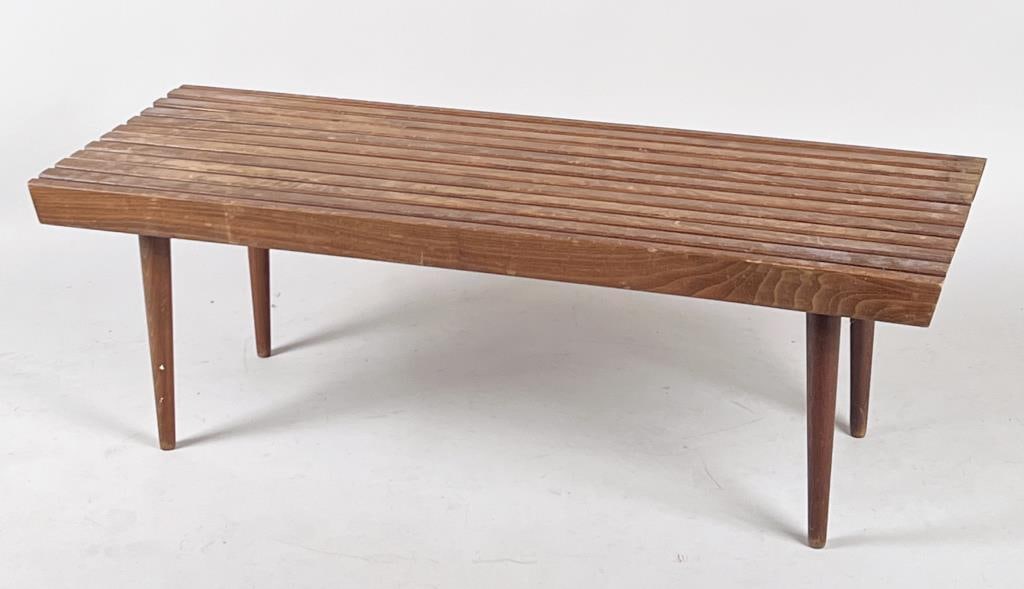 Yugoslavian Slat Form Bench: in the manner of George Nelson, signed "Made in Yugoslavia". 15 7/8" high, 48" wide, 18 1/8" deep. Surface wear, finish losses.