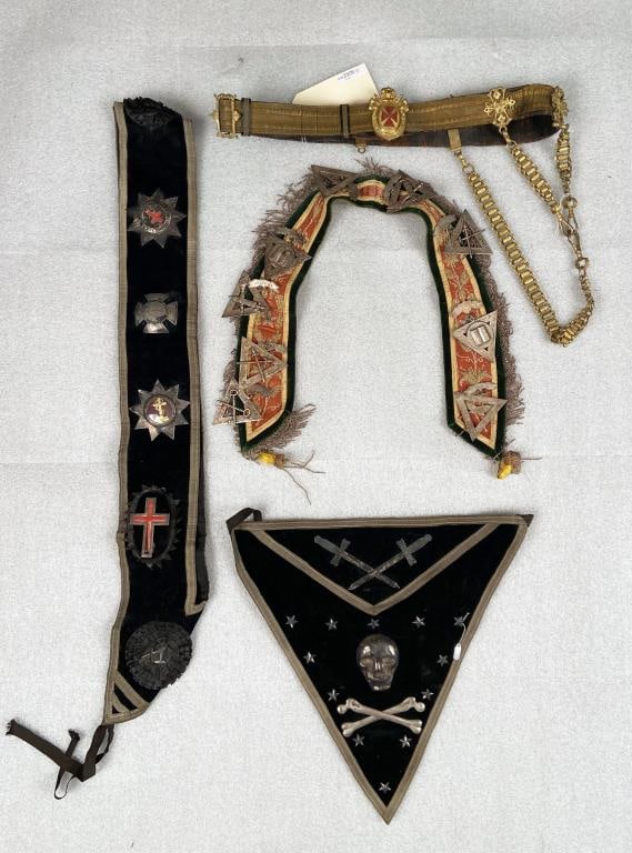 Group Vintage Masonic Regalia: largest: 33 1/4" high, 4 1/2" wide. Estate found condition, age and use wear.
