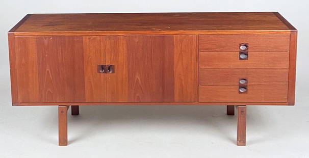 Teak MCM Sideboard, Attributed Lennart Bender: attributed to Lennart Bender; designed for Ulferts, from the Corona collection. Teak body with rosewood pulls. 27 5/8" high, 64" wide, 17 7/8" deep. Gouging, finish wear, age and use wear.