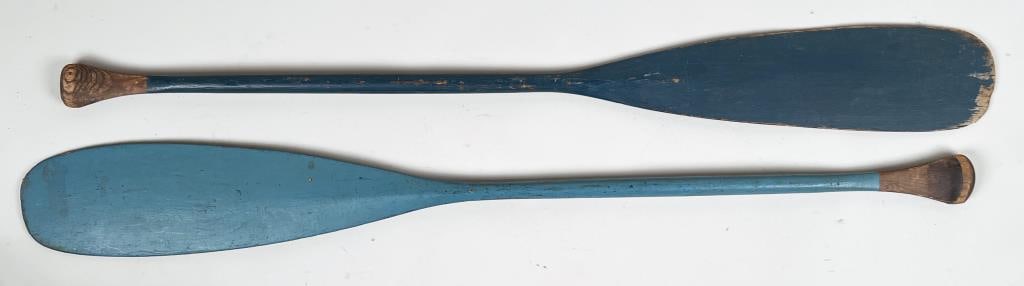 Pair Folk Art Blue Painted Canoe Oars (1 of 4)