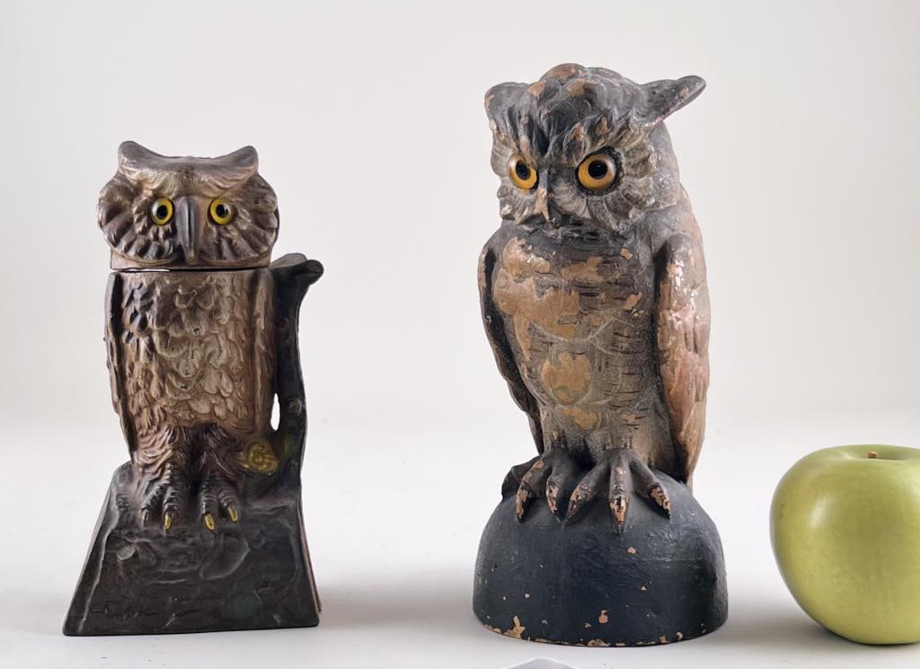 Owl Mechanical Bank & Stoneware Owl: larger: 8" high, 4 1/2" wide, 4" deep. Paint losses, age and use wear.