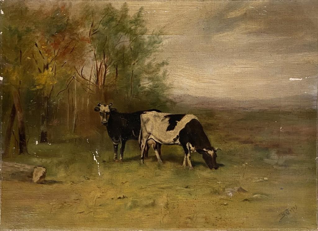 Jonas, O/C Cows in Pasture: signed B. Jonas. Frame size: 11" high, 15" wide. Staining, paint losses.