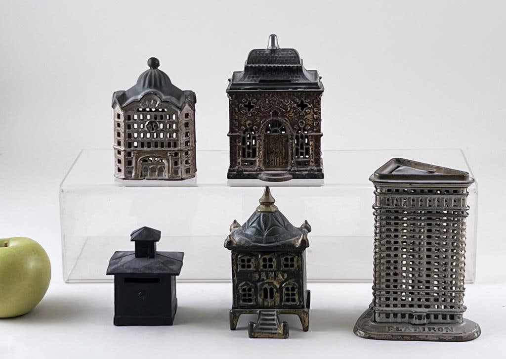 Five Cast Iron Architectural Painted Metal Banks (1 of 4)