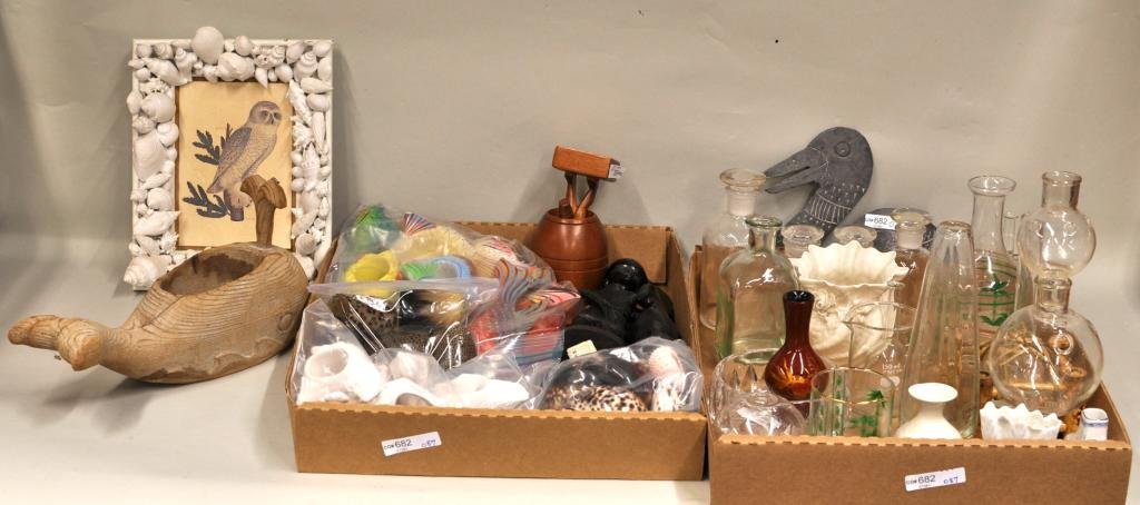 Large Lot of Assorted Decorative Items (34 Items): Large lot of miscellaneous decorative arts items including a Belleek vase, a carved wooden whale, two bone and horn inlaid boxes and other items. 34 items total. Some cracks, losses and staining. Larg