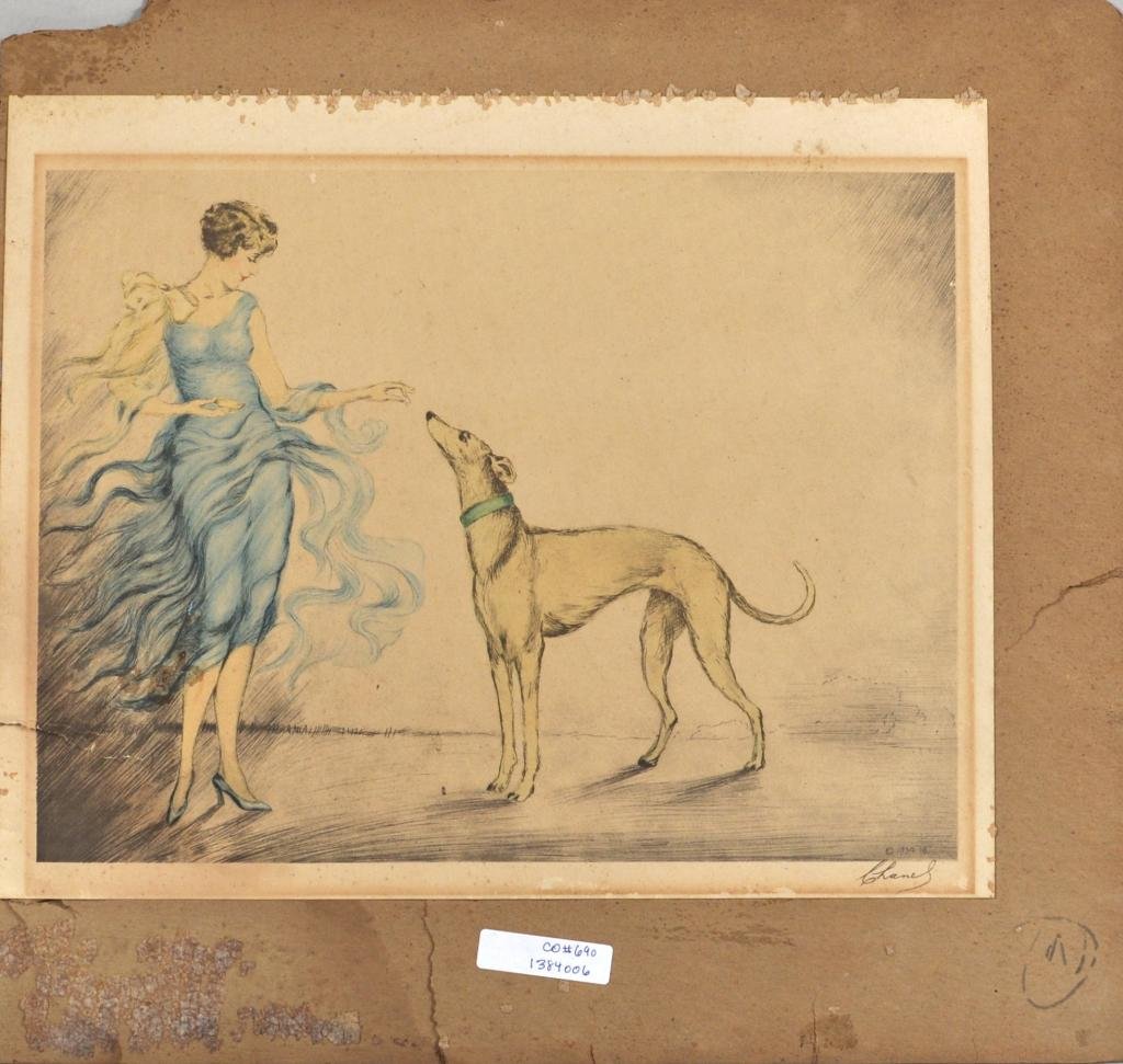Chanel, Signed Litho, Copyright 1934: Unframed lithograph of lady and a whippet, glued to backer board, with foxing, tears and stains. 10 1/2" high, 13 1/4" wide.