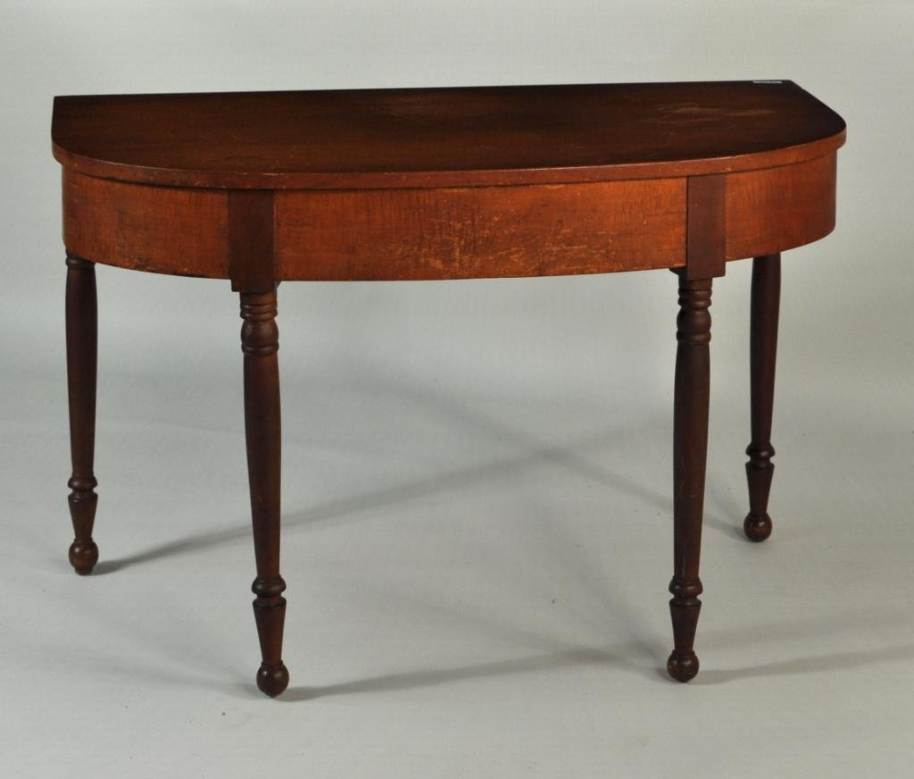 American Sheraton Cherrywood Console Table: American Sheraton "D" shaped cherrywood console table, with veneered apron and spiral turned legs ending in ball feet. 19th century, probably a dining table end. 28" high, 44 1/2" wide, 23" deep