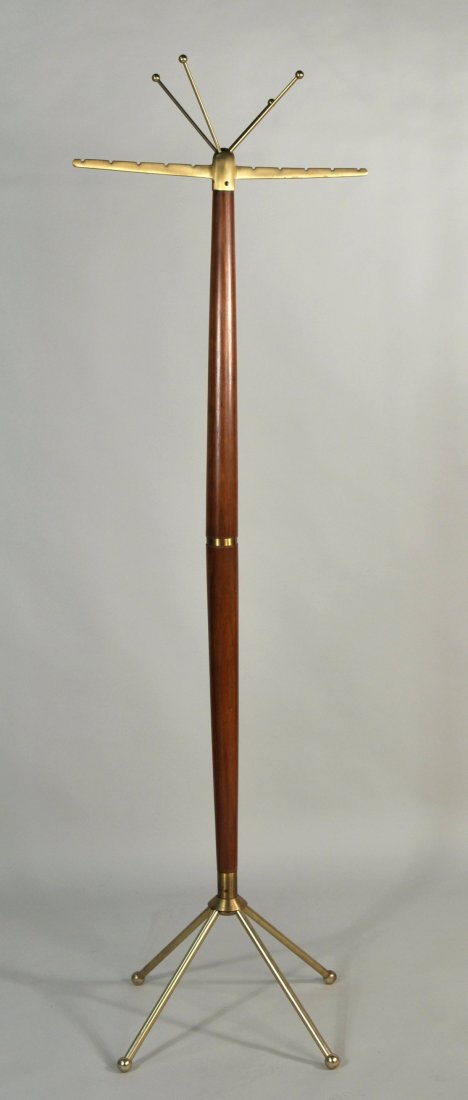 Danish Modern Walnut & Brass Coat Rack: Danish modern walnut and brass coat rack. 71 1/2" high, 17" wide, 16 1/2" deep.