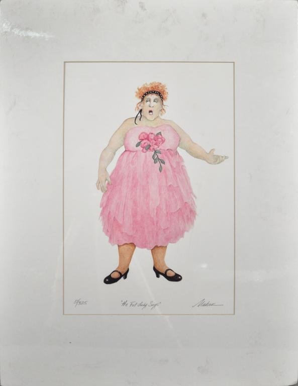 Maher, "The Fat Lady Sings" print: Maher, "The Fat Lady Sings" print, signed in pencil, lower right, titled and numbered 51/385. 21" high, 16" wide; sight size: 13 1/2" high, 9" wide.