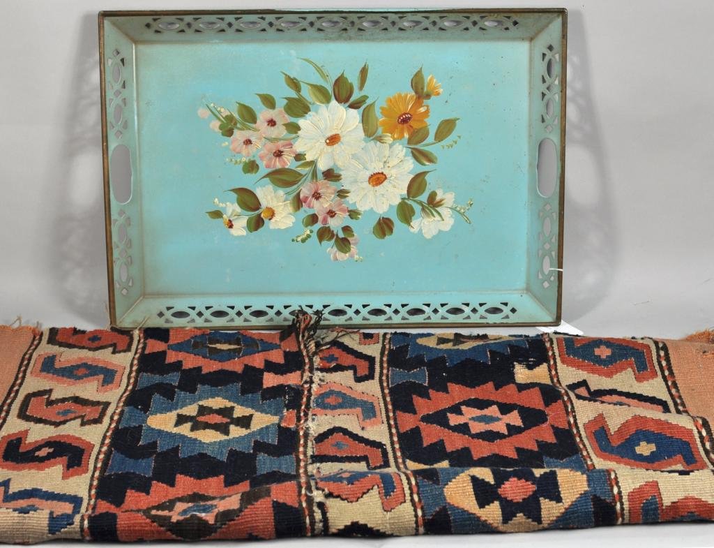 Kilim Rug & Green Decorated Octagonal Tole Tray: Small Kilim rug, as is, together with a green painted tole tray of octagonal form with floral field. Rug: 39" high, 36" wide; Tray: 23 1/4" high, 16 1/2" wide, 1 1/4" deep