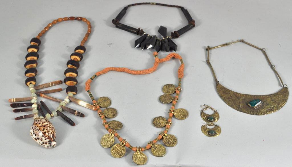 Group Four Necklaces: Group of four necklaces including a brass gorget with chrysocolla stone mount and matching earrings monogrammed PG, a Middle Eastern faux coin necklace and others. 2 " high, 1 1/2" wide to 17" high, 4