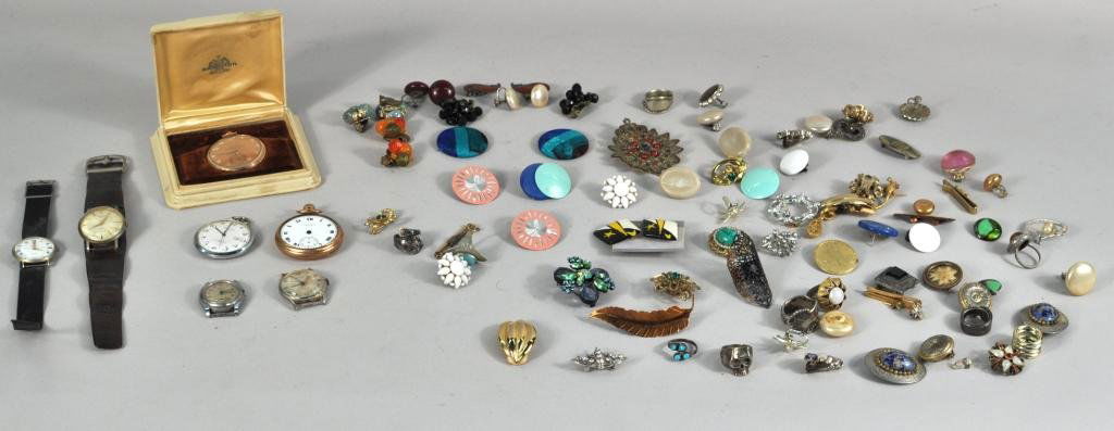 Group Seven Watches & Misc. Jewelry: Group of seven watches and miscellaneous jewelry items, 20th century, including a 14K gold filled Hamilton pocket watch, monogrammed in case, a Gruen metal pocket watch, a pseudo Rolex wristwatch, a M