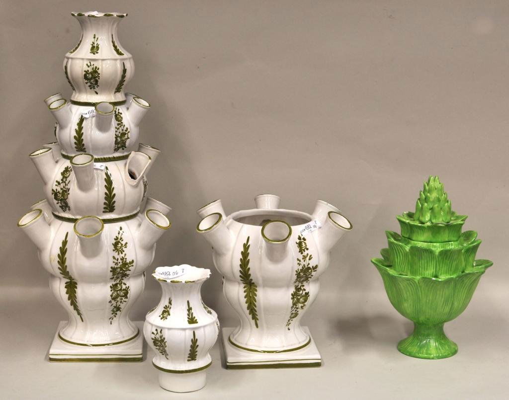 Group of Italian Pottery & Vases: Group of Italian pottery and vases, 20th century, comprising a sectional four-part vase, an artichoke form two part vase and two sectional pieces, some chips. Smallest: 6" high, 3 1/2" wide, largest: