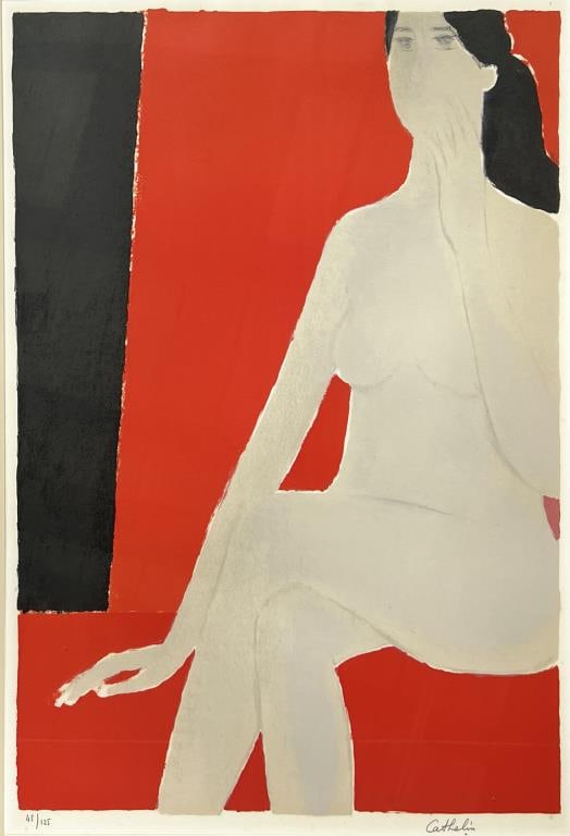 Cathelin, Signed "Nude in Red Chair" Lithograph: Bernard Cathelin (Fr. 1919-2004), signed and numbered 43/125. Frame size: 35" high, 25 1/8" wide. Toning, light foxing. Not examined out of frame.