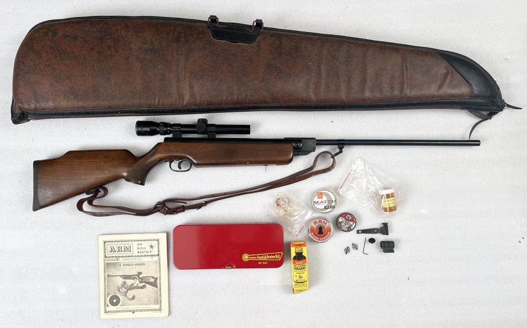 German Weihrauch Air Rifle .177 Cal.: model HW 35 4.5mm, .177 cal. with case, booklet, Outers Gunslick cleaning kit, pellets and a mounted Tasco scope. 44 1/2" long, 7" wide, 1 1/2" deep. Gouging near trigger, untested. Air rifle, no FFL