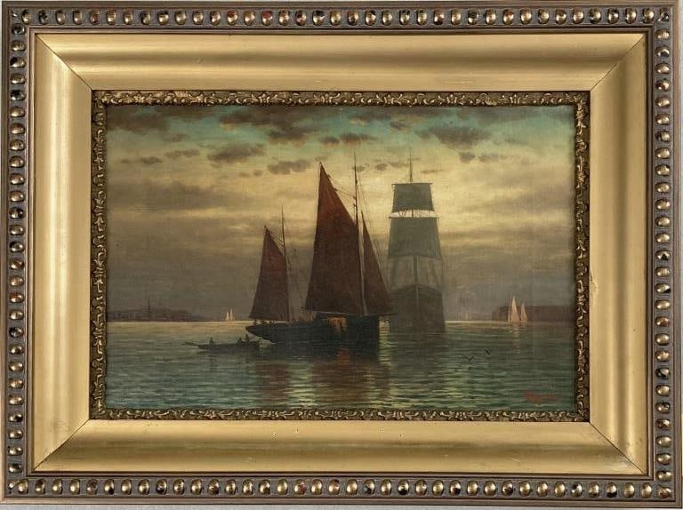 Edward Moran, O/C Harbor Scene at Dusk: Edward Moran (Am. 1829-1901), signed lower right. Sight size: 12" high, 17 1/2" wide. Frame size: 18 3/4" high, 24 5/8" wide. Property from a New Jersey Private Collection.
