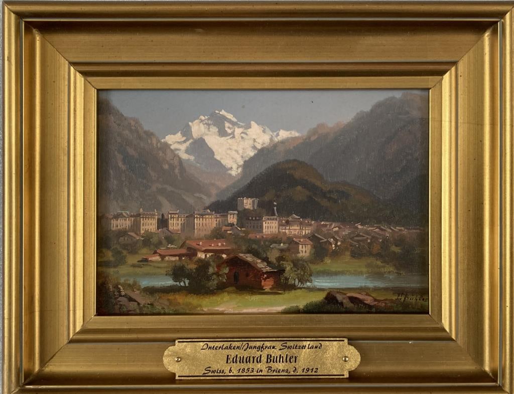 E. Buhler, O/Card, "Interlaken/Jungfrau": Eduard Buhler (Sw. 1853-1912), alpine scene, signed lower right, artist stamp and inscribed verso. Sight size: 4 1/2" high, 6 1/2" wide. Frame size: 7 3/4" high, 10 1/4" wide. Property from a New Jers