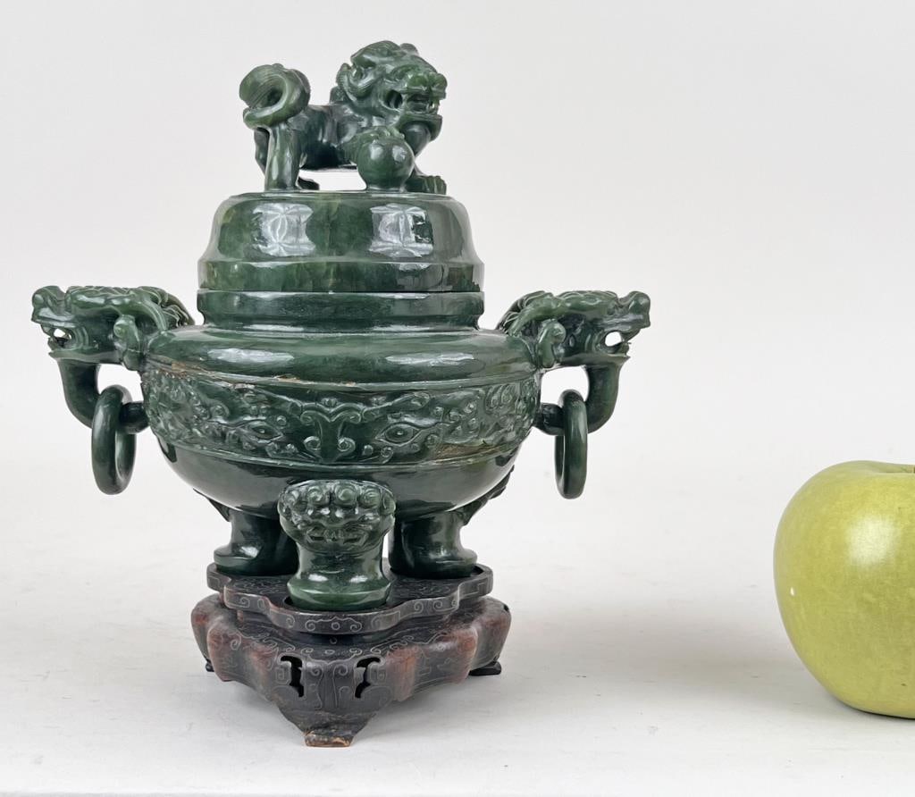 Chinese Carved Spinach Jade Censer (1 of 9)