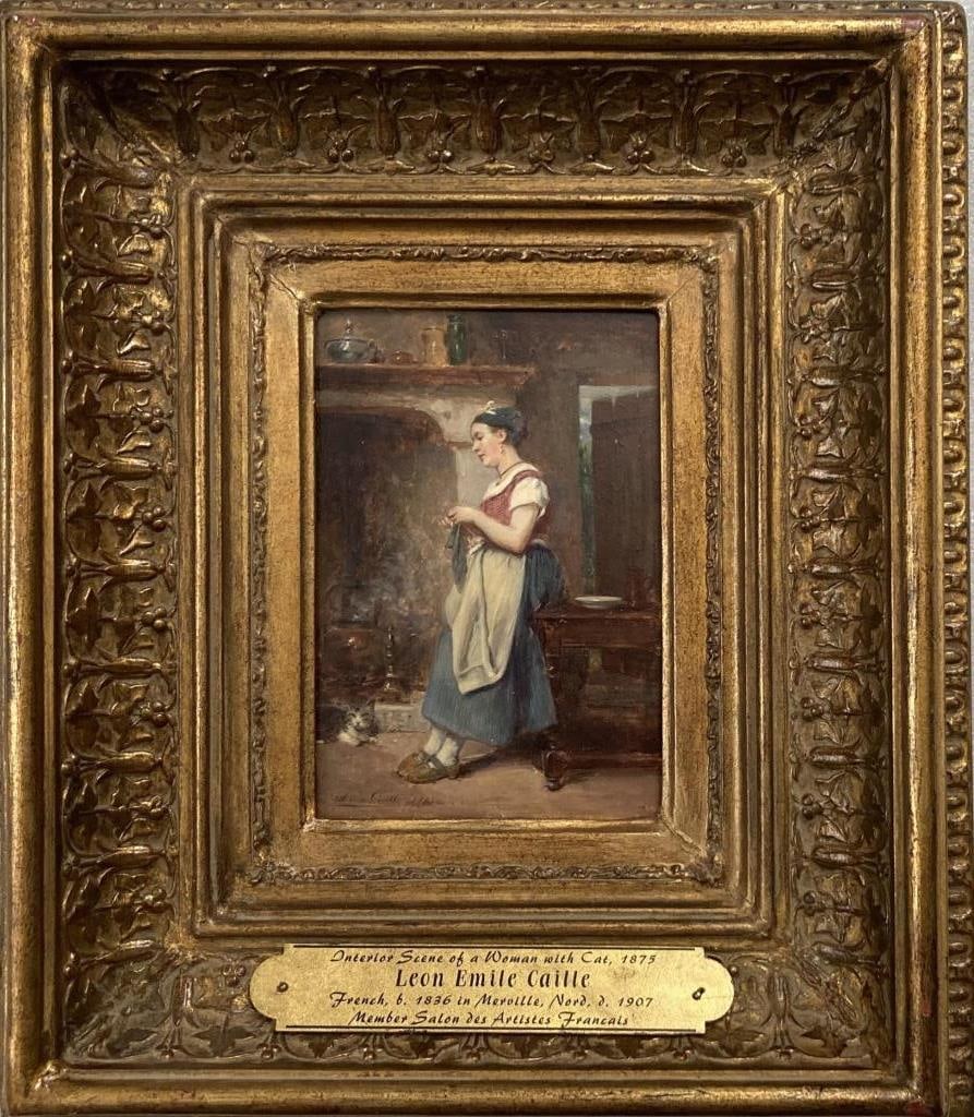 L.E. Caille, O/P Woman with Cat: Leon Emile Caille (Fr. 1836-1907), late 19th century genre scene, signed lower left. Sight size: 6" high, 4" wide. Frame size: 13" high, 11" wide. Property from a New Jersey Private Collection.