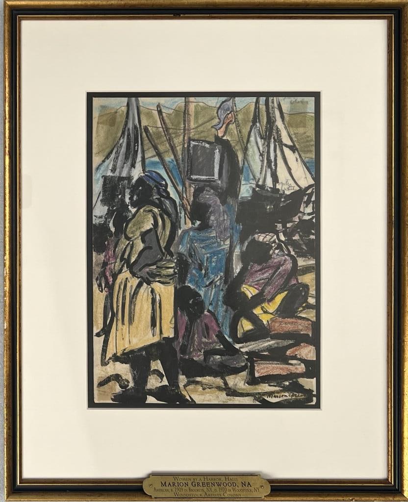 Greenwood, Gouache, Women By Harbor Haiti: Marion Greenwood (Am. 1909-1970), signed lower right. Frame size: 2" high, 17 1/8" wide. Not examined out of frame. Property from a New Jersey Private Collection.