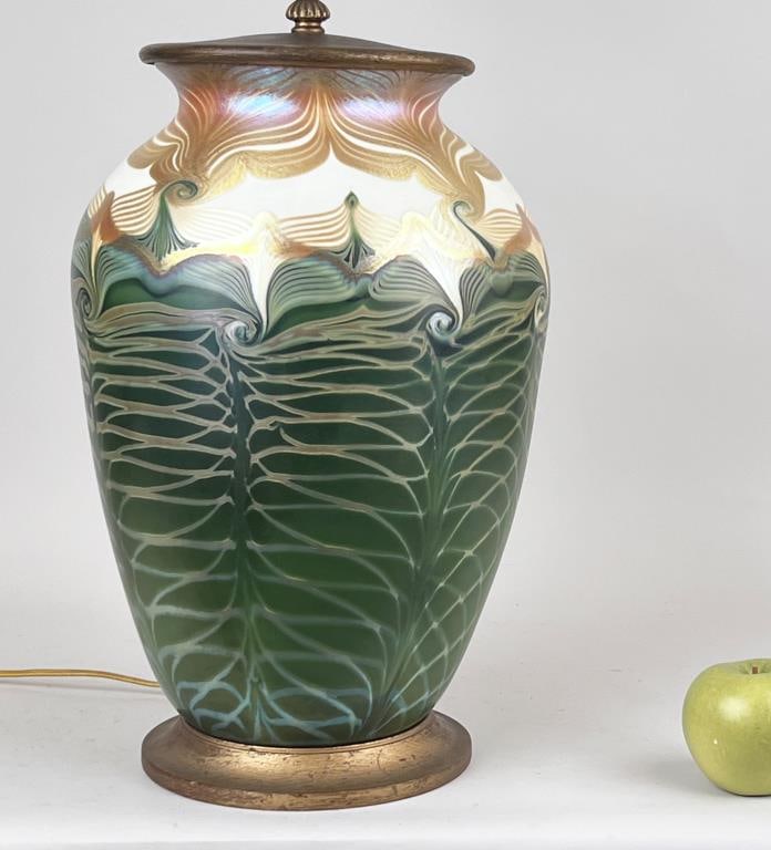 Rare Form Quezal Glass Vase, As Lamp (1 of 5)