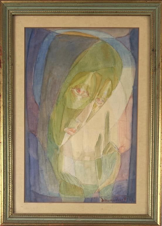 Schumacher, W/C Geometric Virgin Mary: William E. Schumacher (Belgian/Am.1870-1930). Signed and dated 1924. Frame size: 18 1/2" high, 13 1/2" wide. Toning, wear to frame. Not examined out of frame.