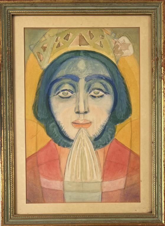 Schumacher, W/C Geometric Portrait of King David: William E. Schumacher (Belgian/Am.1870-1930). Unsigned. Frame size: 18 1/2" high, 13 1/2" wide. Toning, frame wear. Not examined out of frame.