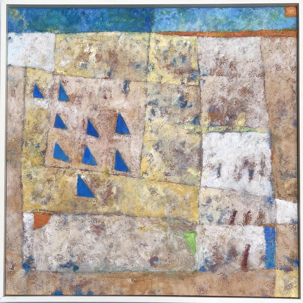 Farco, A/C Modernist Abstract "9 Piramides": possibly Raul Farco (Argentina b. 1953). "9 Piramides" signed lower right, signed dated and titled verso. Frame size: 32 3/4" high, 33" wide. Soiling to top edge of frame.