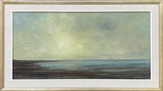 A. Packard, O/C "Seascape": Anne Packard (Am. b. 1933). Moody shore scene at low tide, signed lower right. Frame size: 19 5/8" high, 34 5/8" wide.