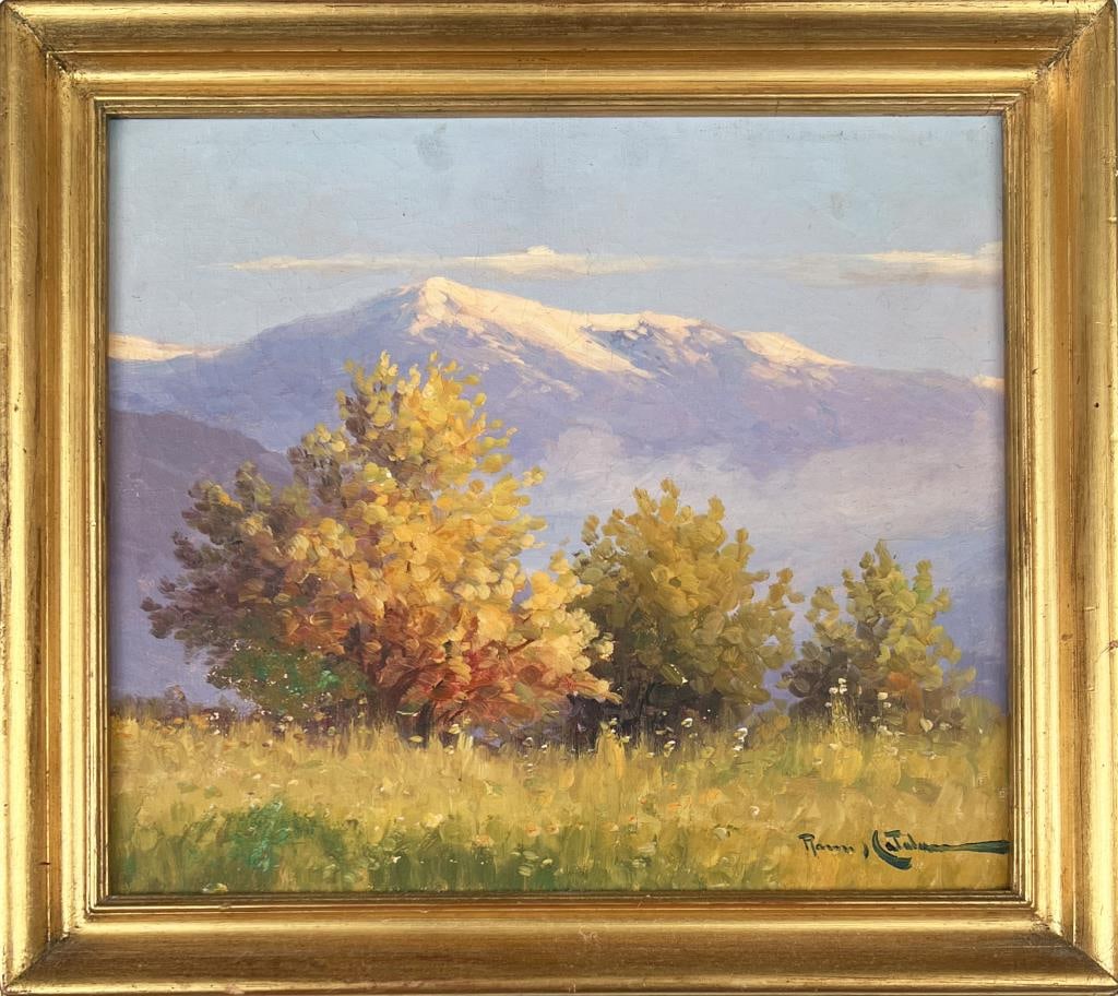 Catalan, O/C The Andes Mountain Range: Benito Ramos Catalan (Chile,1888-1961). Scenic autumnal view of part of the Andes mountains, presumably in Chile. Frame size: 13 3/4" high, 15 1/2" wide. Frame wear, some craquelure to paint.