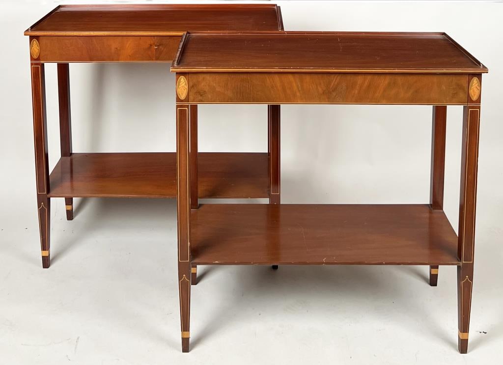 Near Pair Federal Style Inlaid Console Tables: each with one long drawer, shelf below, with shell form inlays on legs. 36 1/4" high, 36" wide, 16" deep. Light variations in color, use wear.