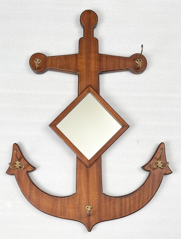 Ship Anchor Form Carved Wooden Mirrored Coat Rack (1 of 3)