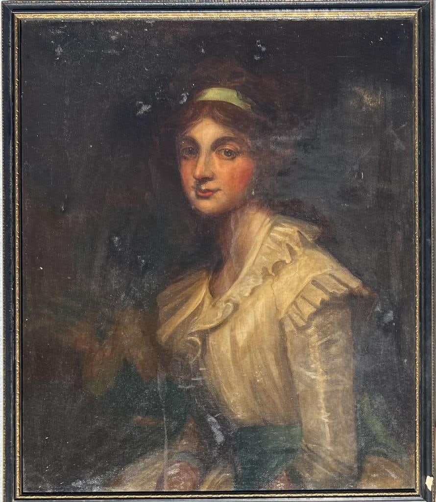 American School, Framed Portrait of Lady: woman with ribbon in hair; apparently original pine stretcher. Frame size: 32 1/8" high, 27 1/8" wide. Varnish variations.