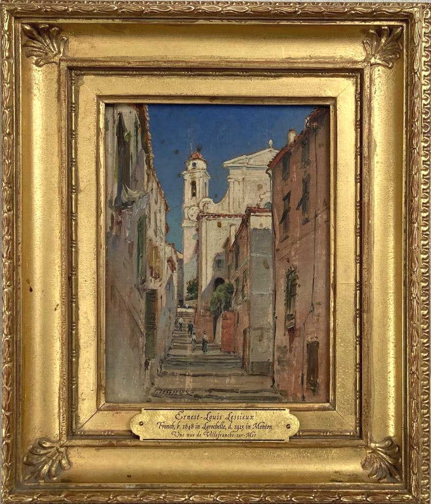 E.L. Lessieux, O/B "Villefranche-sur-Mer": Ernest Louis Lessieux (Fr. 1848-1925), street scene in the south of France, signed lower left. Sight size: 7" high, 5" wide. Frame size: 11 1/2" high, 9 3/4" wide. Provenance: Doyle New York. Property