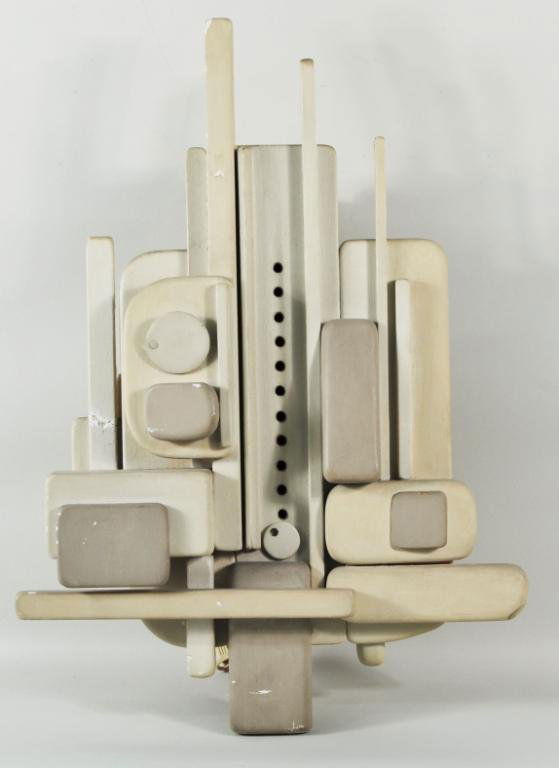 A. Hoffman, Jr. Modernist Painted Wood Wall Clock: A. Hoffman, Jr., 20th century, unique modernist wall clock, of painted wood construction, electric, signed, dated on reverse A. Hoffman, Jr. '67. Also with hand written instructions on reverse. Scatte