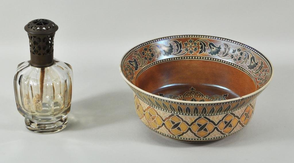 Hungarian Pottery Bowl by Zsolnay: Hungarian pottery bowl by Zsolnay, c. 1890, in eosin glaze with floral and moorish style decoration, marked on based Zsolnay pecs and impressed marked three pecs Zsolnay together with a cut glass and 