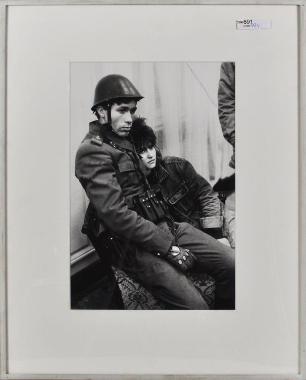 Jeff Cowen, Silver Gelatin Print, Bucharest 1989: Jeff Cowen, framed silver gelatin print, revolutionary headquarters Bucharest 1989, signed, numbered in pencil under mat. Not examined out of frame. 20 1/2" high, 16 1/2" wide; sight size: 13 1/4" hig