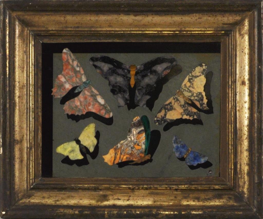Italian Pietra Dura Plaque: Richard Blow for Montici Italian pietra dura plaque, early 20th century, of multicolored butterflies, signed with monogram lower right. 10 3/4" high, 13" wide.