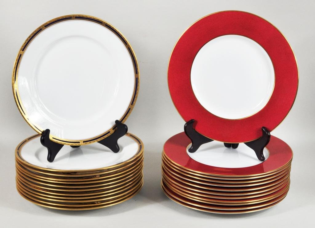 Two Sets of Dinner Plates, Lenox & Spode: Two sets of dinner plates, 20th century, comprising a set of twelve Lenox plates marked Shreve & Co, San Francisco, and twelve Spode Copleland china plates. 10 1/2" diameter. Some surface scratches.