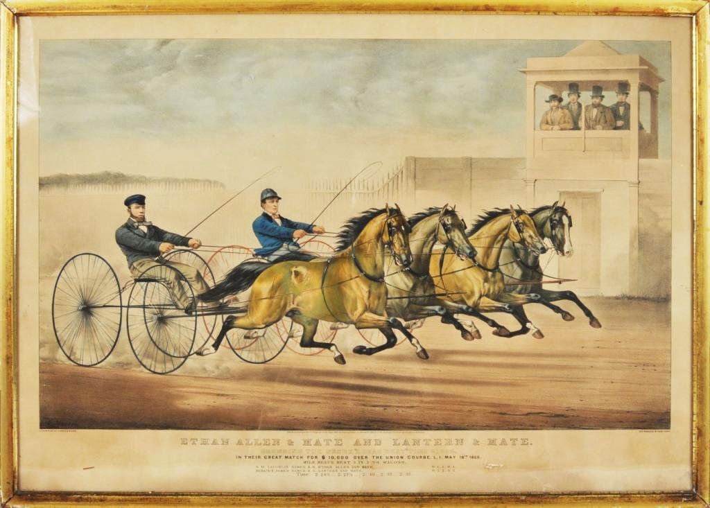 Currier & Ives Lithograph: Currier & Ives lithograph "Ethan Allen & Mate and Lantern & Mate" entered according to Act of Congress in the year 1859. Framed, not examined out of frame, stains, toning. Sight size: 21" high, 29 1/2