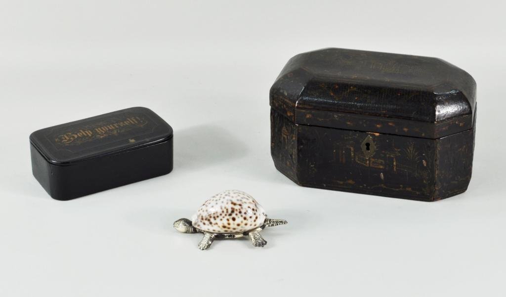 Chinese Export Lacquer Sewing Box, Dresser Box: Two papier mache items, 19th century, comprising a Chinese export sewing box and a dresser box, together with a large seashell. Wear, cracks, losses. Largest: 4 1/2" high, 7 1/2" wide, 5" deep; smalle