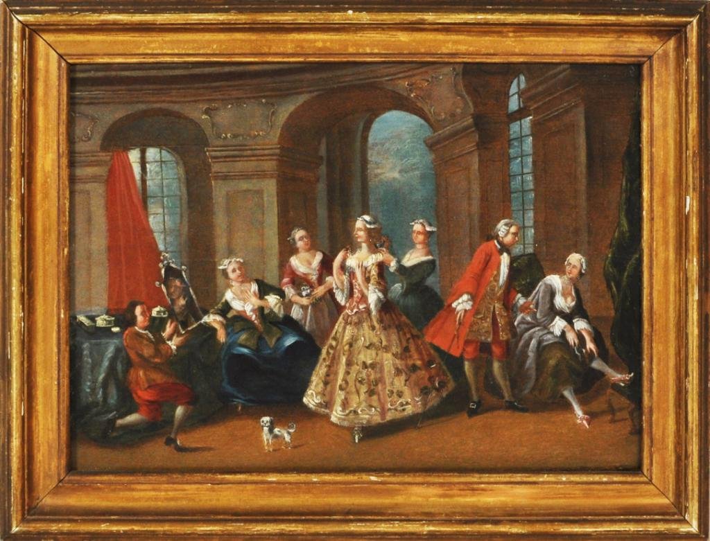 French School, Oil on Cradled Panel: French School, 18th century, "Ladies & Gentlemen in an Interior", oil on cradled panel, unsigned. Restored central horizontal crack, other restoration. 12 1/4" high, 16 3/4" wide; 16 1/2" high, 21" wi