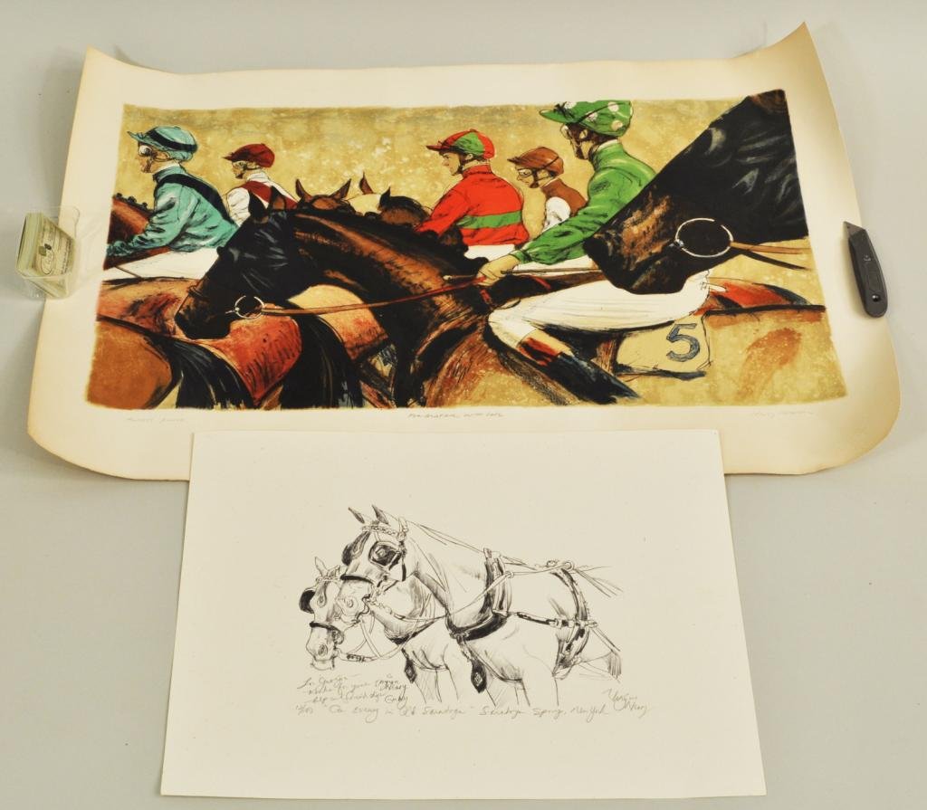Henry Koehler, "Jockeys on Horseback" Litho: Henry Koehler, (Am. b. 1927) "Jockeys on Horseback", lithograph inscribed, signed in pencil "artist's proof for Georgie, with love Henry Koehler" publisher's watermark lower left, together with Virgin
