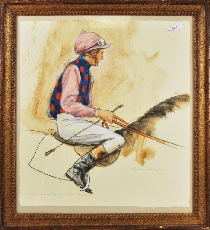 Henry Koehler, "Ducas Jockey Up" Oil Color/Paper: Henry Koehler, (Am.b. 1927), "Ducas Jockey Up" charcoal and oil color on paper, inscribed, dated signed in pencil lower left and right for "For Georgie & Bobby with love August 1972 Henry Koehler", la