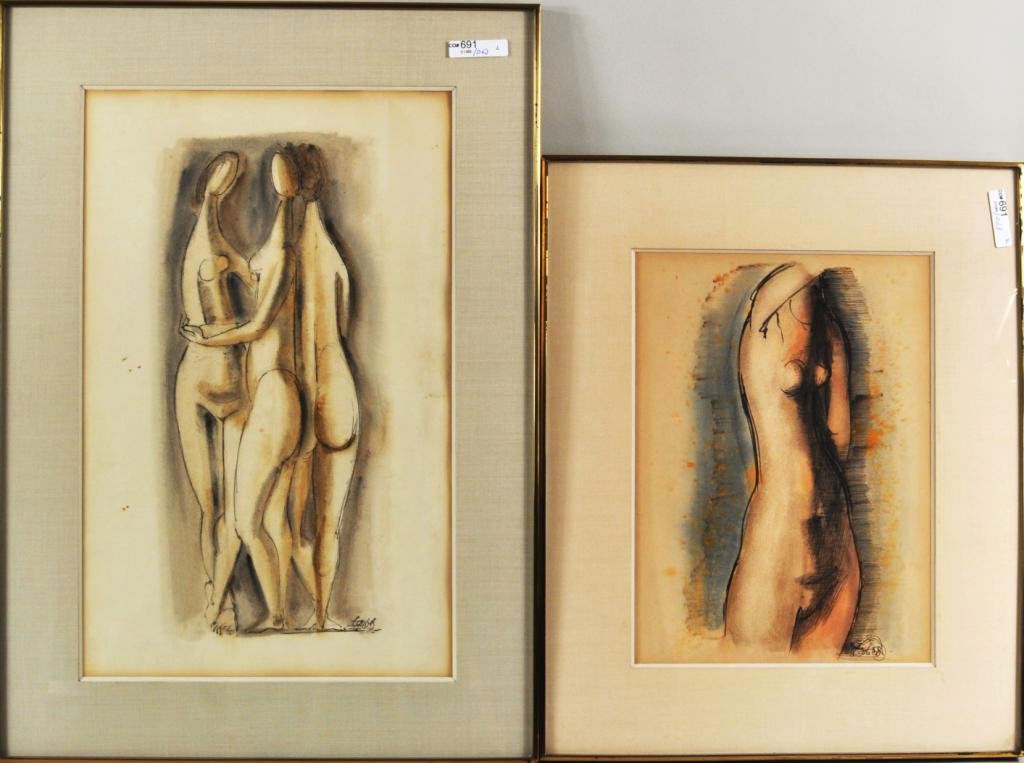 F. Taubes, Two Ink & Watercolors on Paper: Frederick Taubes (Am. 1900-1981), two works comprising one of three nude women and a second nude woman, ink and watercolor on paper, both signed lower right "Taubes". Framed in Kulicke frames, not exa