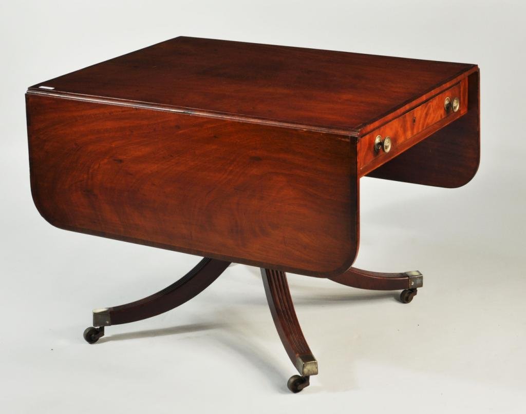 Regency Inlaid Mahogany Drop Leaf Library Table: Fine late Sheraton/Regency inlaid mahogany drop leaf sofa or library table, with two juxtaposed working drawers, retaining original hardware. England, early 19th century. 27 1/2" high, 38" long, 28" w