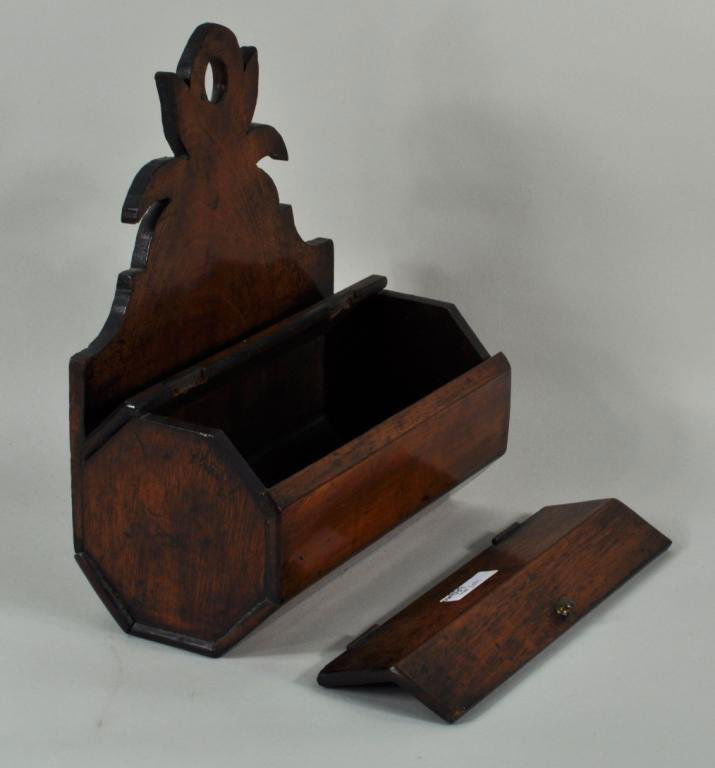 Mahogany Octagonal Candle Box w/Shaped Back: Antique mahogany octagonal cask form hanging candle box with shaped back, 19th century, some damage. 11 3/4" high, 10" wide, 5" deep.
