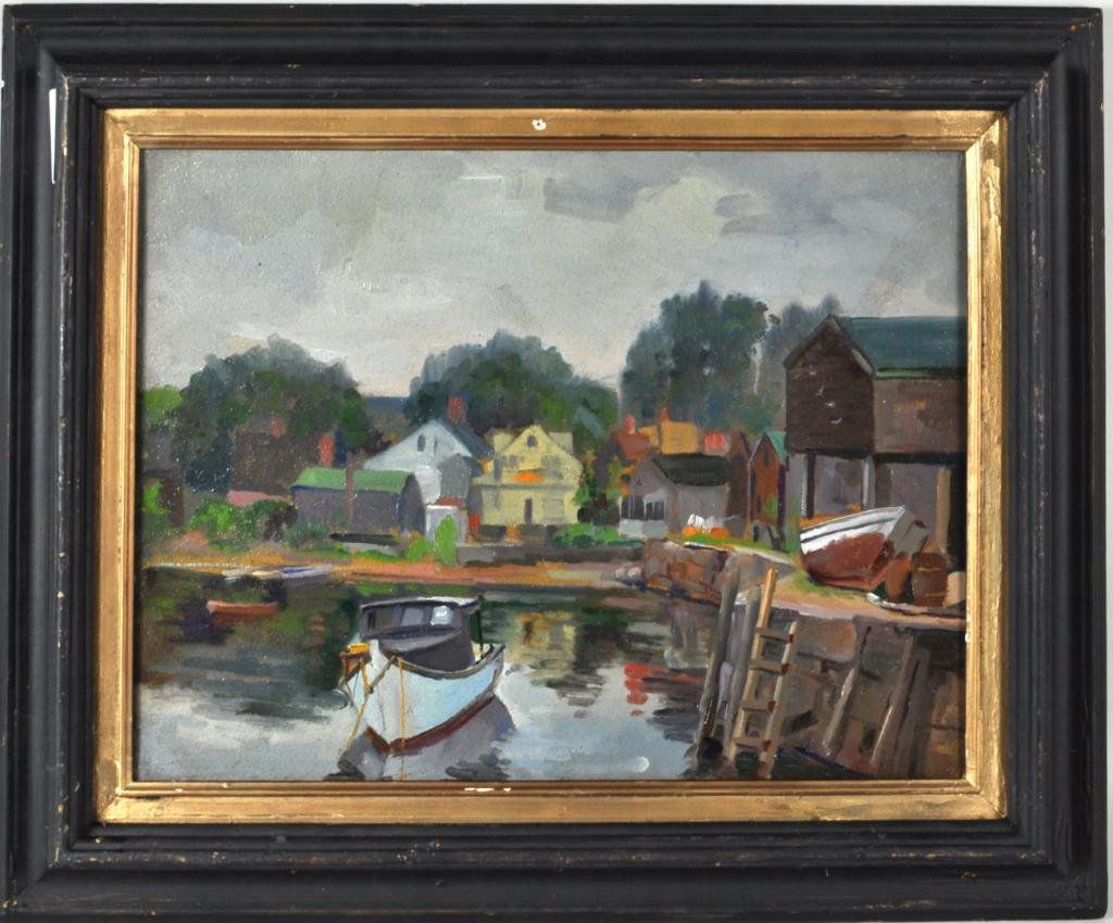J. Newman, Framed O/C Boating Village Scene: Joseph Newman (Am. 1890-1979) untitled (Boating Village Scene) framed oil on canvas depicting a fishing village with dock and boats. Estate stamp verso. 17" high, 21" wide; sight size: 11 1/2" high, 1