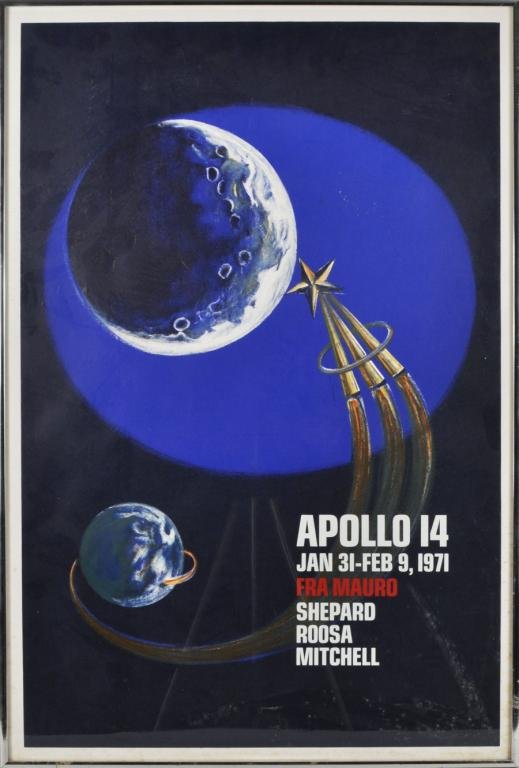Apollo 14 Lithographed Poster: Apollo 14 lithographed poster "Jan 31-Feb 9, 1971 Fra Mauro Shephard Roosa Mitchell". Framed, not examined out of frame. Foxing mainly in white border. Sight size: 34" high, 22 3/4" wide; frame: 34 3/