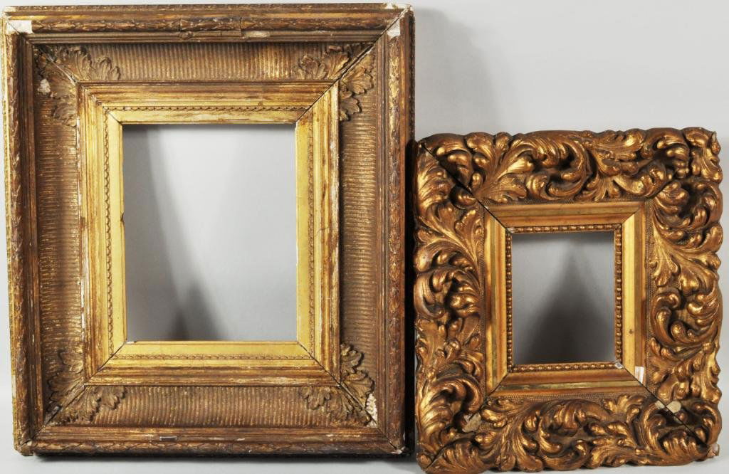 Two Antique Carved Giltwood Picture Frames: Two antique carved giltwood picture frames, 19th century, the smaller of moulded composition, the larger with cove moulding. Wear, crazing, losses. Larger: 8 1/2" high, 6 7/8" wide; smaller: 5 3/4" hi