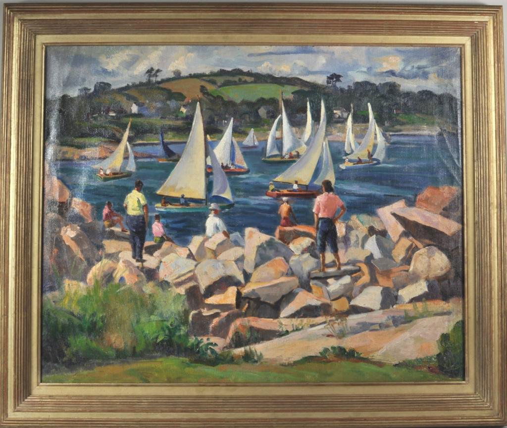 J. Newman, Framed O/C Rocky Coast & Sailboats: Joseph Newman (Am. 1890-1979) untitled (New England Sailboats Rocky Coast Scene) framed oil on canvas depicting a group of sailboats and viewers on a rocky shore. Estate stamp verso. 27" high, 33" wid